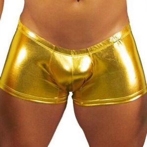 Calzoncillos Boxer Hombres Ropa interior Sexy Night Club Boxers Bright Boxershorts Gold Faux Leather Panties Performance Underpant HommeUnderpants