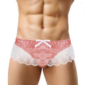 Calzoncillos Gay Hombres Lace G-String Sissy Falda T-Back Tong Ruffle Lencería Erótica Bolsa Bragas Sexy Satin Briefs Ropa interior Ropa A50