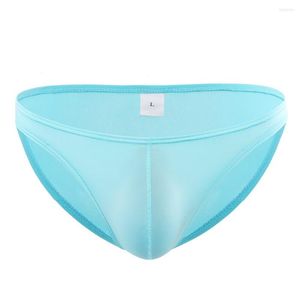 Calzoncillos de seda de hielo, ropa interior sexy, calzoncillos para hombres, bragas transpirables sin costuras, Bikini sólido de verano, cintura baja, suave y sedoso