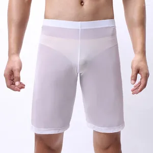 Caleçons longs Boxershorts Ultra-minces hommes voir à travers des sous-vêtements brefs jeunes maille transparente poche bombée Shorts hommes pyjamas culottes