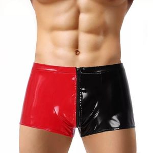 Calzoncillos Bóxer Sexy para hombre, ropa interior Gay de piel sintética, pantalones cortos de retales rojos y negros, S-5XL, calzoncillos cómodos para hombre
