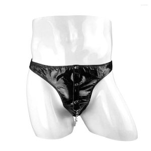 Calzoncillos para hombre, ropa interior Sexy, calzoncillos de piel sintética, cadena de seguridad, tangas cómodas patentadas, lencería Sensual