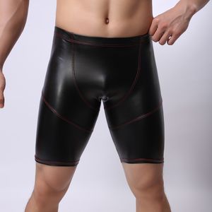 Calzoncillos Calzoncillos de cuero de imitación para hombres Boxers alargados de cinco minutos Cintura media U-convex Skinny Sexy Mid-pants