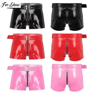 Sous-vêtements Hommes Wet Look PU Cuir Boxer Shorts avec ceinture de taille Double-End Zipper Openable Cortch Sous-vêtements Discothèque Sexy Clubwear