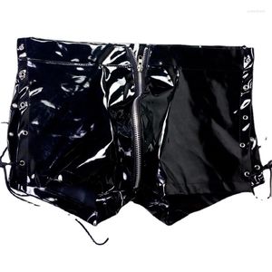 Caleçon Sexy PVC Sous-Vêtements Gay Hommes Boxer Shorts Faux Cuir Wet Look Fermeture Éclair Ouvert Entrejambe Poche Côté Bandage Cueca