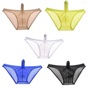 Calzoncillos Sexy transparente encantador ver a través de la bolsa del pene calzoncillos de los hombres Bikini ropa interior de malla Gay hombres calzoncillos