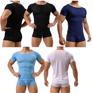 Maillots de corps Sexy hommes maille respirant à manches courtes T-shirts Slim Fitness hauts Boxer Shorts sous-vêtements hommes vêtements ensemble vêtements de nuit