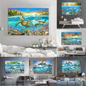 Posters del mundo submarino estampados de lienzo tortuga tiburón tiburón coral arte de pared moderno para sala de estar paisajismo decoración del hogar