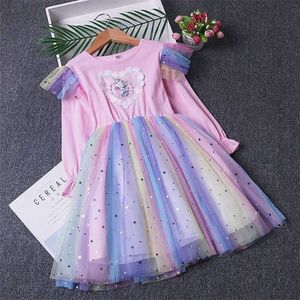 Unicornio princesa vestido otoño niñas arco iris estrella cumpleaños vestidos de novia 3-10 años dulces niños vestidos de flores ropa para niños 211027