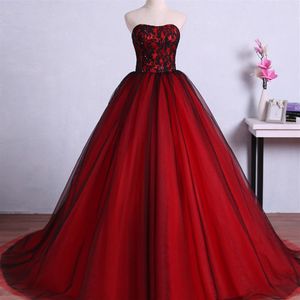 Robes de mariée colorées uniques rouge et noir bustier à lacets corset dos dentelle perlée haut jupe en tulle robes de mariée sur mesure C280B