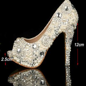 Chaussures de robe de mariée en rombir en strass de nuise en ivoire Peep Toe Chaussures nuptiales à talons hauts Chaussures de fêtard imperméable Taille 34-43 Platfo 3025