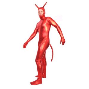 Déguisement unisexe rouge brillant métallisé Catsuit Costumes Full Hood lycar Spandex Zentai Body Party club costumes de scène avec oreilles et queue