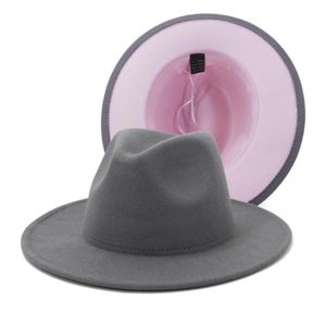 Unisexe extérieur gris intérieur rose patchwork laine feutre Jazz Fedora chapeaux avec boucle de ceinture mince hommes femmes à large bord Panama Trilby casquette229094117917