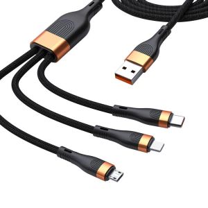 Universal 3 en 1 cable de carga múltiple OEM 65W Cable de cargador múltiple con conectores de puerto IP tipo C, USB micro