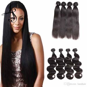 Extensions de trames de cheveux humains vierges brésiliens LANS 50g / Pcs Body Wave Straight Natural Black Malaysian Hair 6 Bundles Lot Postiche