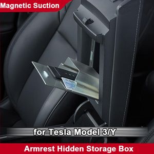 Reposabrazos magnético mejorado, caja de almacenamiento oculta para Tesla Model 3 Y 2022 2021, organizador de consola central, contenedor, accesorios interiores de coche, piezas modelo