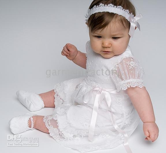 Lovely Short Sleeved Ankle Length White Lace Cotton Christening Dress