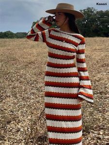 Urban Sexy Dresse Elegant Striped Backless Knitted Maxi Dress Female Flare Long Sleeve O Neck 2023 Summer Casual Vestidos 230821