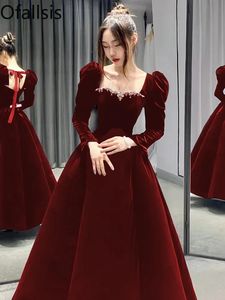 Robes sexy urbaines Ofallsis Col carré perlé manches bouffantes robe de cocktail enceinte automne rouge à manches longues robes de soirée haut de gamme 231117