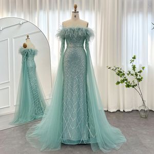 Urban Sexy Dresses Sharon Said Luxury Feather Turquoise Dubai Evening Dress with Cape Sleeves 2023 Lilac Arabic Women Wedding Party Prom Gown SS261 230825