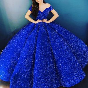 Robes Sexy Urbaines Sparkly Royal Blue Quinceanera 2023 Élégant Hors Épaule Paillettes À Volants Robe De Bal Puffy Robe De Bal De Luxe Style Arabe 230719