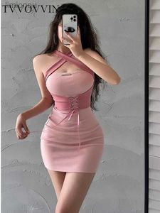 TVVOVVIN Hot Girl Style Sexy Dos Ouvert À Lacets Taille Serrée Mince Col Robe Hanche Wrap Mini Robe Rose Chaud Sexy Doux Coréen 0P55 240223