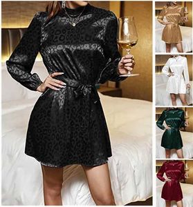 Robes sexy urbaines Femmes Élégant fausse robe de fête en satin printemps décontracté o cou léopard imprime mini bureau de robe dame puffle longue ceinture slve robe t240510