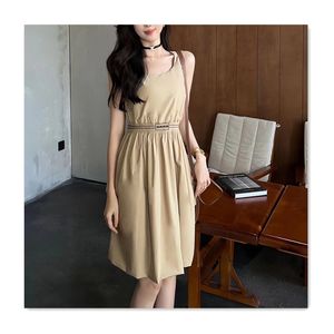 Urban sexy vestido de mujer vestidos de diseñador moda cintura sin mangas sólido carta delgado verano Una línea falda vestido temperamento simple caqui vacaciones casual mujer tela