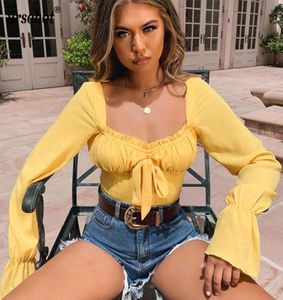 Urso Sexy Backless Lacet Up Bandage Tops coupés pour femmes 2019 Summer Bow Knot V Neck Yellow T-shirts boho streetwear tshirt7255963