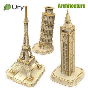 Ury 3D Puzzle en bois Tour Eiffel penchée de Pise Empire State Building modèle d'architecture mondiale Kits de bricolage jouets décoration 240122