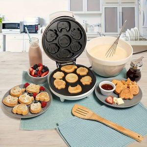 Mini machine de cuisson de gaufres à prise américaine - Produisez 7 formes différentes de crêpes, y compris un chat, un gaufrier électrique antiadhésif, un rôtissoire à gâteaux pour enfants et adultes