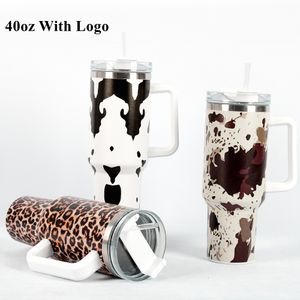 Con logotipo Vasos de acero inoxidable de 40 oz Tazas con tapas y pajita Estampado de vaca de guepardo Leopardo Preservación del calor Tazas de coche de viaje Botellas de agua de gran capacidad 0324