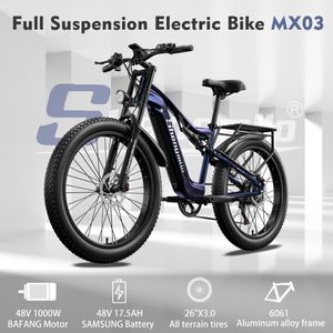 Shengmilo 26 Inch Electric Bike Fat Tire 1000W BAFANG Mountain Bikes 17.5Ah 48V SAMSUNG Ebike City Full Suspension Bicycle 42KM/H E-bike Shimano Moped 7 Speed E-MTB