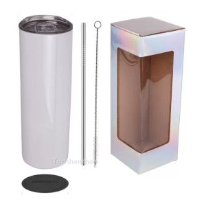 Sublimación en blanco en stock de EE. UU. Vaso recto de 20 oz Tazas de café con aislamiento de acero inoxidable de doble pared Taza con sello Tapa de metal Paja Caja holográfica Embalaje con ventana