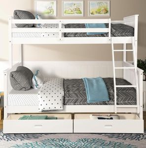 US STOCK Twin Over Full Bunk Bed Furniture with Ladders Two Storage Drawers White Bedroom Furniture For Kids Adult LP000065KAA