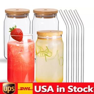 Botellas de agua de almacén de EE. UU. Sublimación 12 oz 16 oz Vasos de vidrio Vasos con tapa de bambú Taza de paja reutilizable Cerveza Taza de soda esmerilada transparente Beber GJ02
