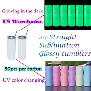 Almacén de EE. UU. Sublimación de 20 oz Vasos rectos Cambio de color UV Brillando en la oscuridad 2 en 1 Acero inoxidable brillante DIY Botella de agua en blanco B6