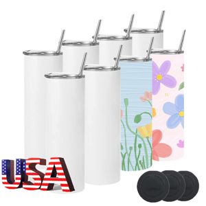 USA/CA Entrepôt stocké 20oz Sublimation Blanks Tumbler Heat Press Straight Skinny Sublimation Tumbler avec couvercle et paille G0901