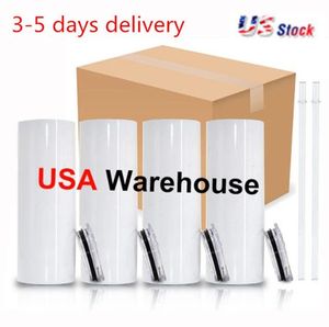 USA CA Warehouse Wholesale 20oz White en acier inoxydable serré à bord plat droit de sublimation billette avec couvercle et paille claire 4.23