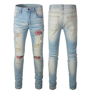 Pantalon à trous rétro pour jeunes, mode américaine, Patch délavé, coupe Slim, jean Skinny Rip Amiryes, grande taille, bleu clair