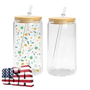 EE. UU./CA Stock 16 oz Tazas de vidrio Tapa de bambú esmerilado transparente Mason Jar Tazas Botella de agua Té Café Vasos Sublimación Espacios en blanco Regalos de bricolaje 0210