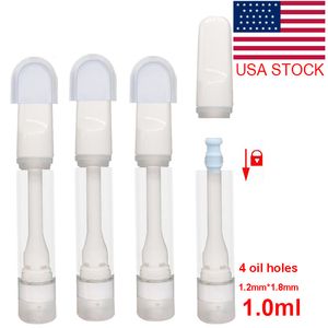 USA STOCK Cartouches de vape de 1 ml E-cigarette Vides Chariots en céramique complets Atomiseurs d'huile épais Snap on Tip Vaporisateur à bobine en céramique Plat 510 fil Appuyez sur les chariots sans plomb