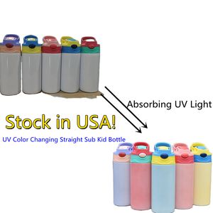 ÉTATS-UNIS STOCKÉS ! Bouteille à changement de couleur UV 12 oz par sublimation droite pour enfants Gobelets à double paroi en acier inoxydable isolés sous vide avec détection de la lumière du soleil DIY