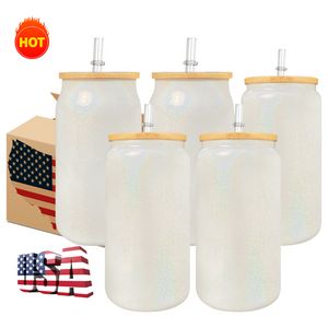 USA warehouse 16oz Frosted Clear Glass Mugs Mason Jars Drinking Travel Cups For Heat Press Printing Tumblers 50pc/Carton