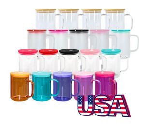 USA Warehouse 17oz en verre sublimation Tobuste avec poignée gorgée de bière transparente Tasse de bière avec couvercles en bambou de couleur plastique 25 pc / boîtier