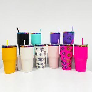 Tasses de voyage en acier inoxydable plaqué arc-en-ciel holographique de 30 oz avec revêtement en poudre d'entrepôt des États-Unis avec paille colorée pour gravure au laser