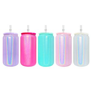 Entrepôt aux États-Unis, vente en gros, livraison gratuite, haute teneur en borosilicate, 16 oz, paillettes holographiques scintillantes, sublimation vierge, boîte en verre arc-en-ciel avec couvercle en plastique