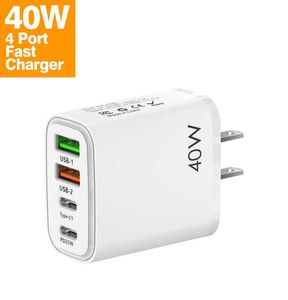 Bloc de chargeur USB C 40 W, chargeur mural à 4 ports, charge rapide, adaptateur d'alimentation PD double port + prise murale double QC, chargeur multiport de type C pour iPhone