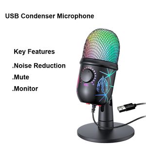 Microphone de jeu du condenseur USB avec podcast RVB Podcast auto-média LED Mic Mic Bruit Annulation Microphones