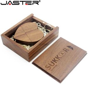 Unidades flash USB JASTER (más de 10 PCS gratis) corazón de madera de nogal + caja de regalo Unidad flash USB pendrive creativo 8GB 16GB 32GB 64GB